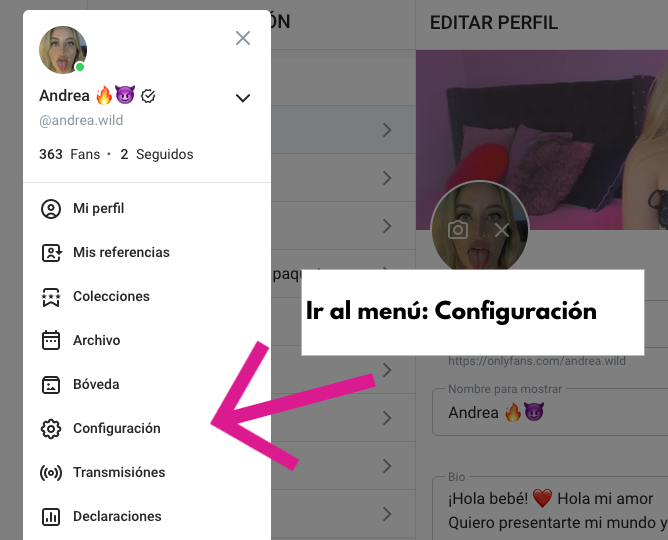 Ir a configuración de tu cuenta de OnlyFans